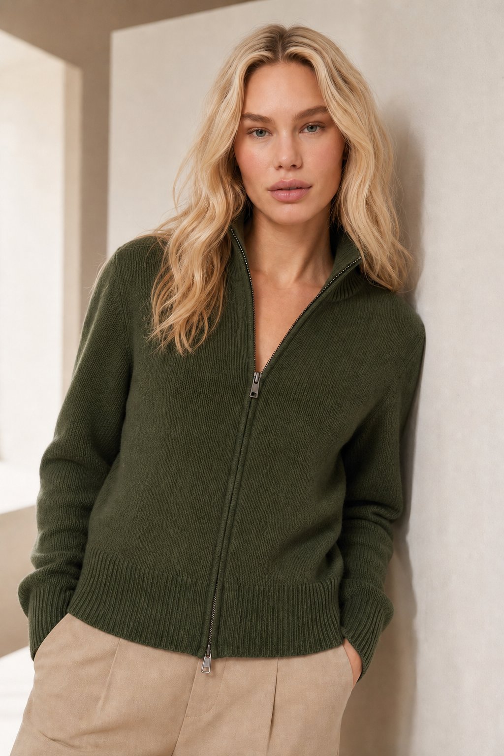 Women's Wool Zip Up Cardigan with Ribbed Cuffs and High Collar