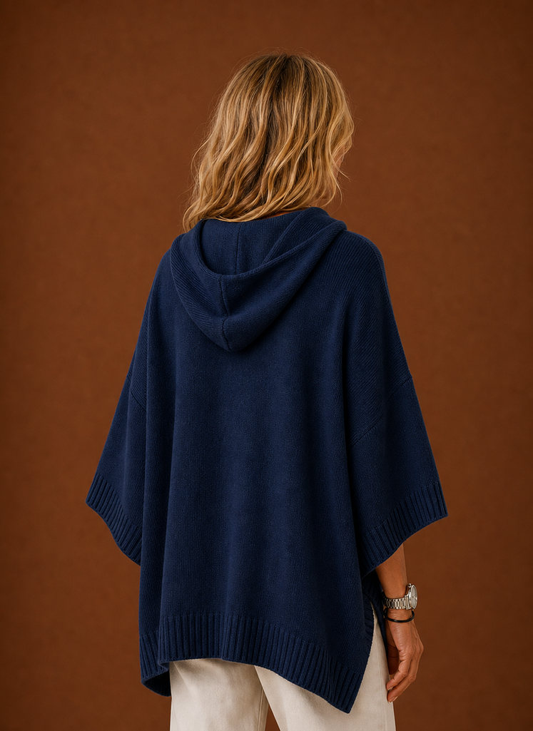 Women's Oversized Hooded Poncho Pullover with Ribbed Trim and Drawstring