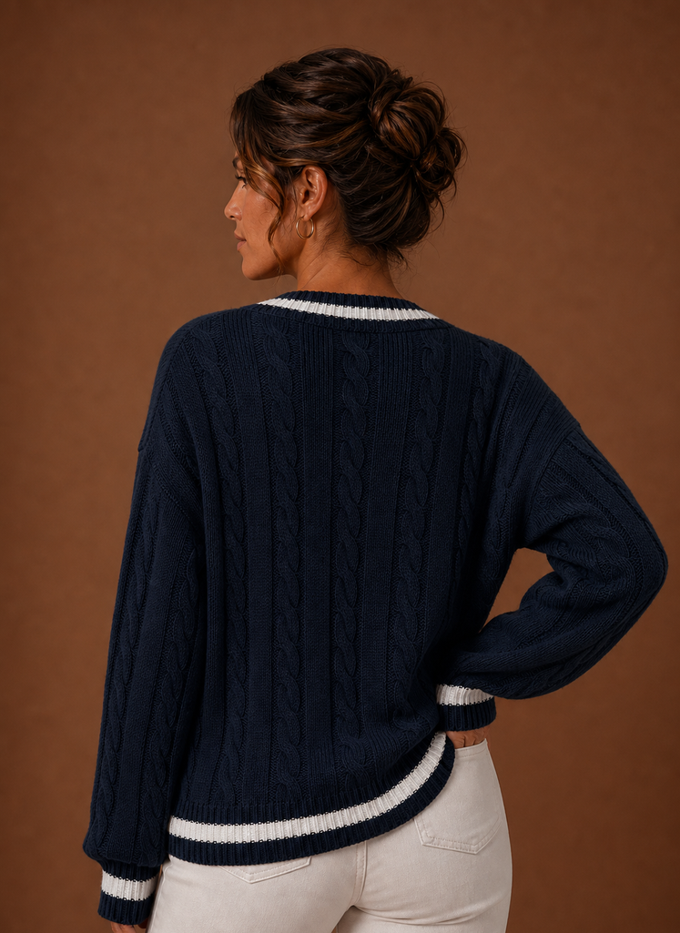 Women's Cable Knit V Neck Pullover Sweater with Contrast Stripe Trim