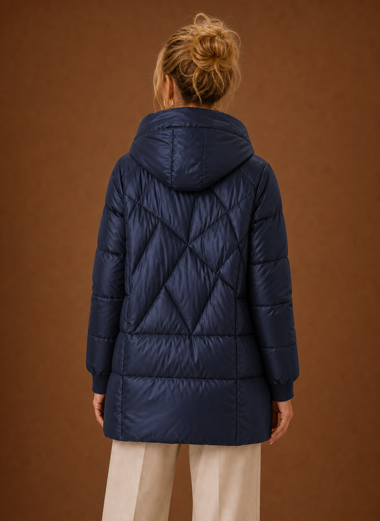 Women's Long Quilted Puffer Jacket with Hood and Snap Button Front