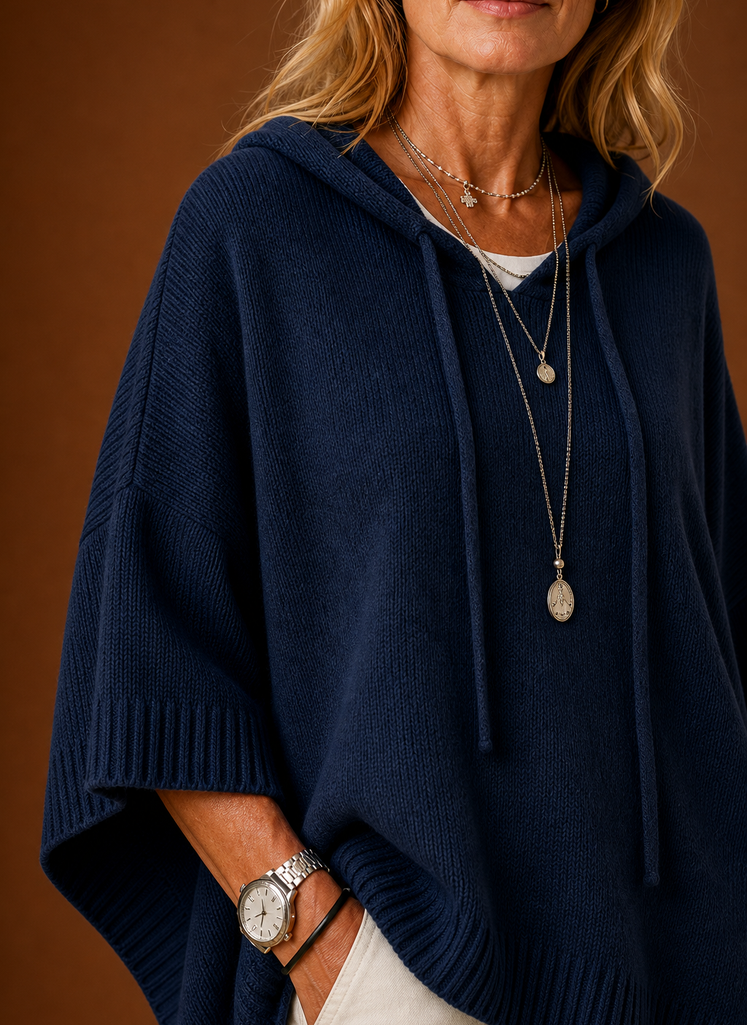 Women's Oversized Hooded Poncho Pullover with Ribbed Trim and Drawstring