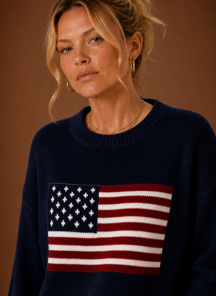 Women's American Flag Crew Neck Pullover Knit Sweater with Long Sleeves