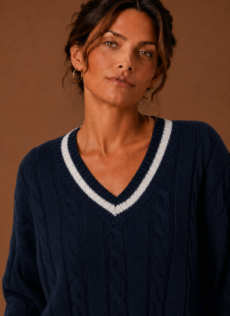 Women's Cable Knit V Neck Pullover Sweater with Contrast Stripe Trim