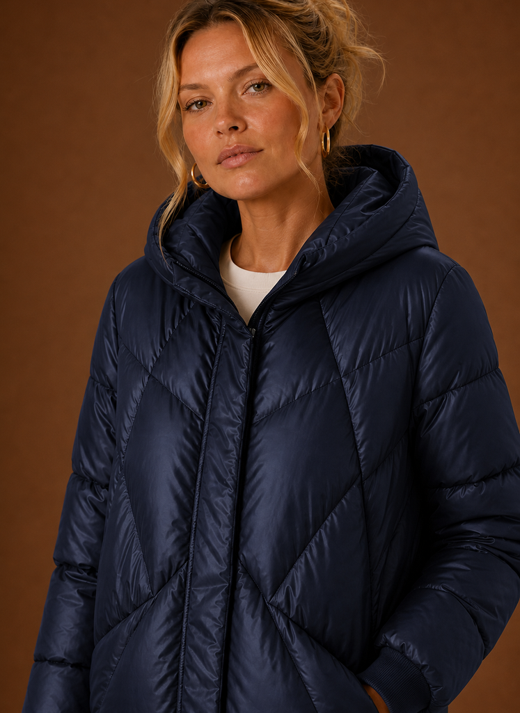 Women's Long Quilted Puffer Jacket with Hood and Snap Button Front
