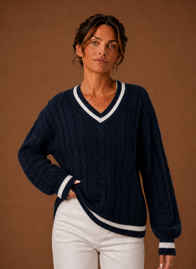 Women's Cable Knit V Neck Pullover Sweater with Contrast Stripe Trim