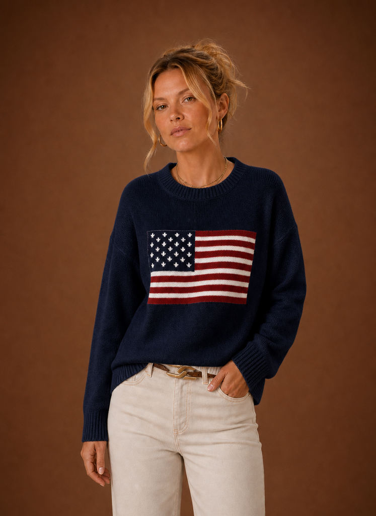 Women's American Flag Crew Neck Pullover Knit Sweater with Long Sleeves