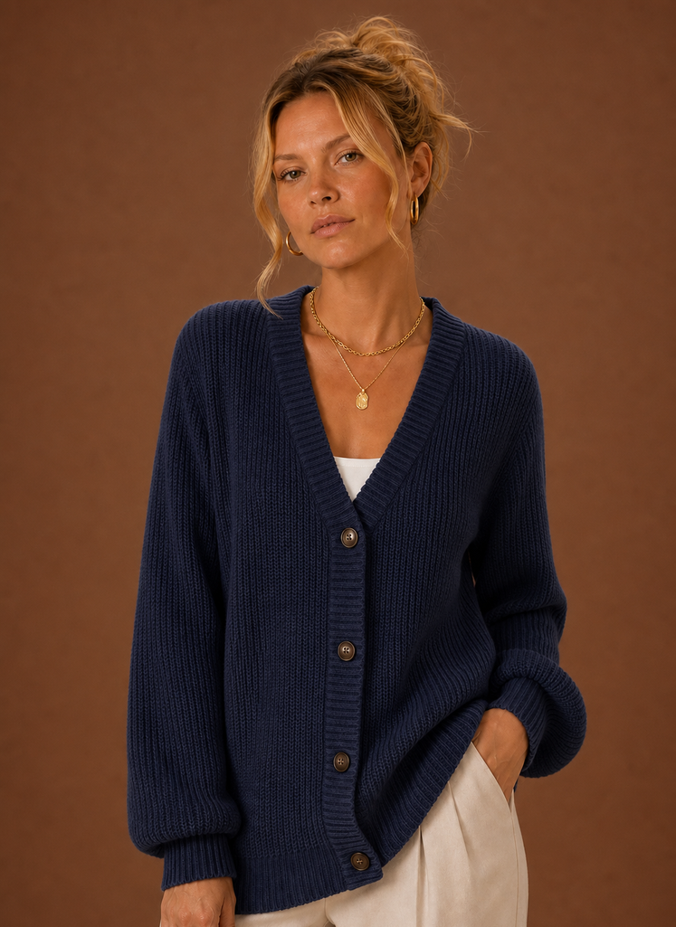 Women's V Neck Ribbed Knit Cardigan with Button Front and Long Sleeves