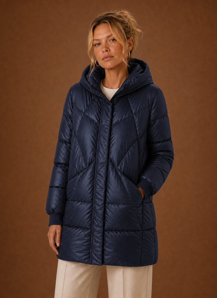Women's Long Quilted Puffer Jacket with Hood and Snap Button Front