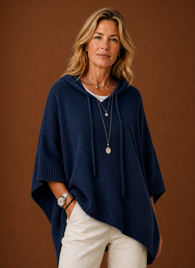 Women's Oversized Hooded Poncho Pullover with Ribbed Trim and Drawstring