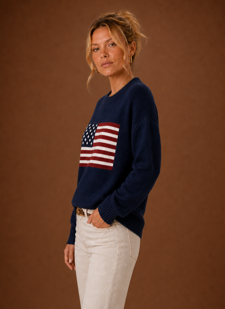 Women's American Flag Crew Neck Pullover Knit Sweater with Long Sleeves