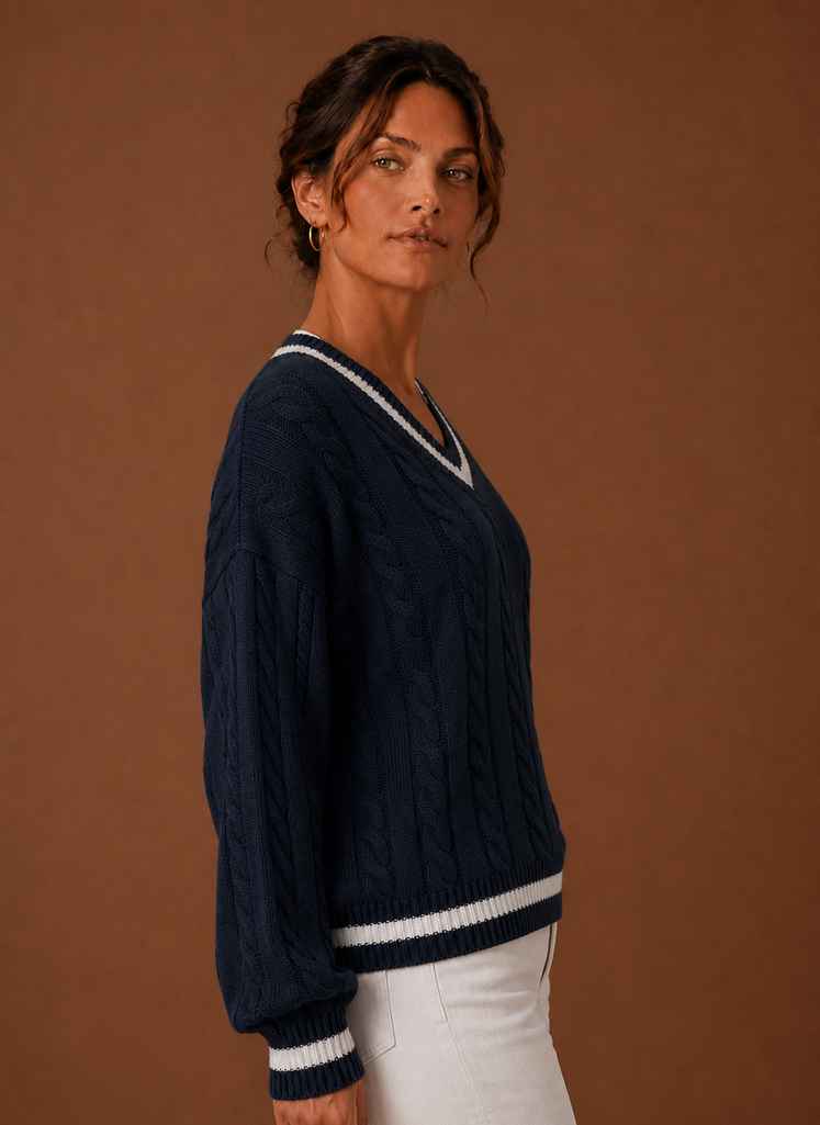 Women's Cable Knit V Neck Pullover Sweater with Contrast Stripe Trim