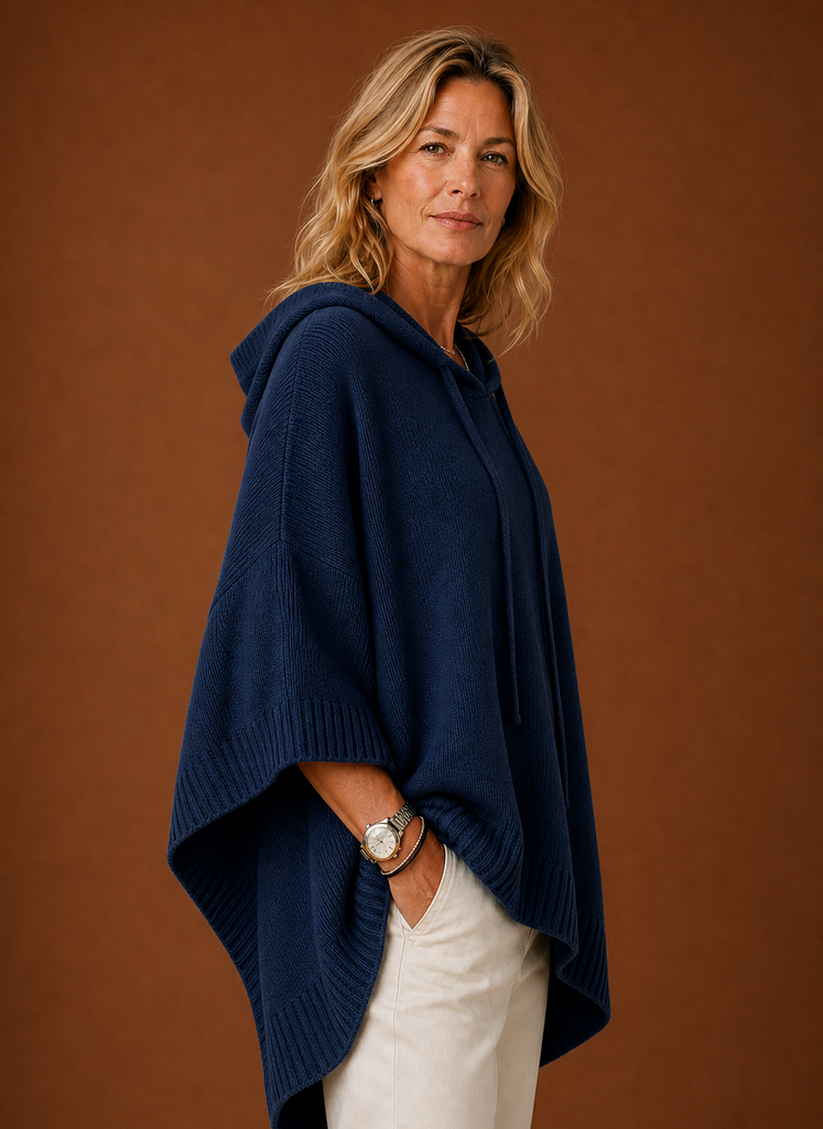 Women's Oversized Hooded Poncho Pullover with Ribbed Trim and Drawstring
