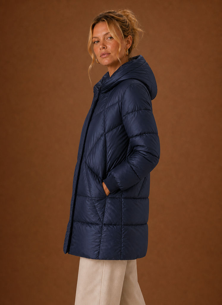 Women's Long Quilted Puffer Jacket with Hood and Snap Button Front