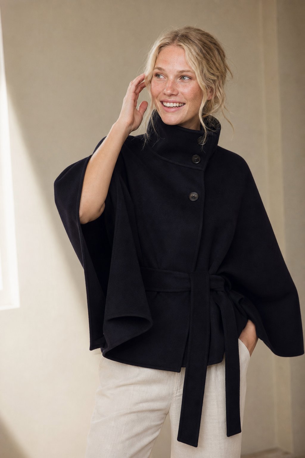Women's Wool Blend Cape Coat with High Collar and Tie Belt