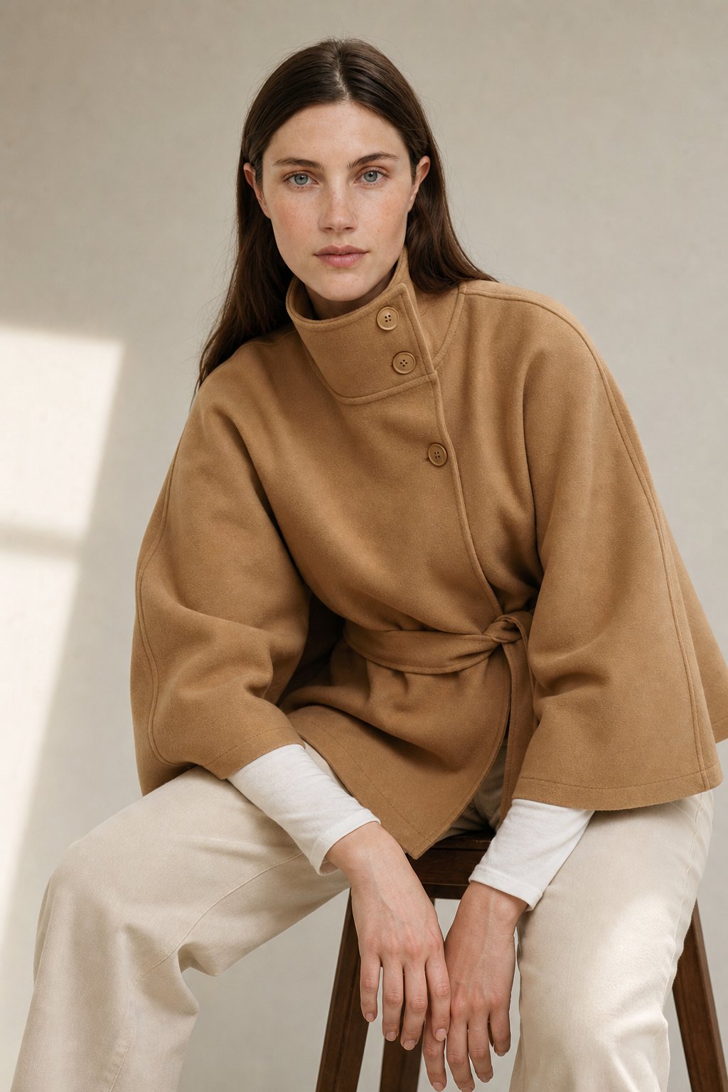 Women's Wool Blend Cape Coat with High Collar and Tie Belt