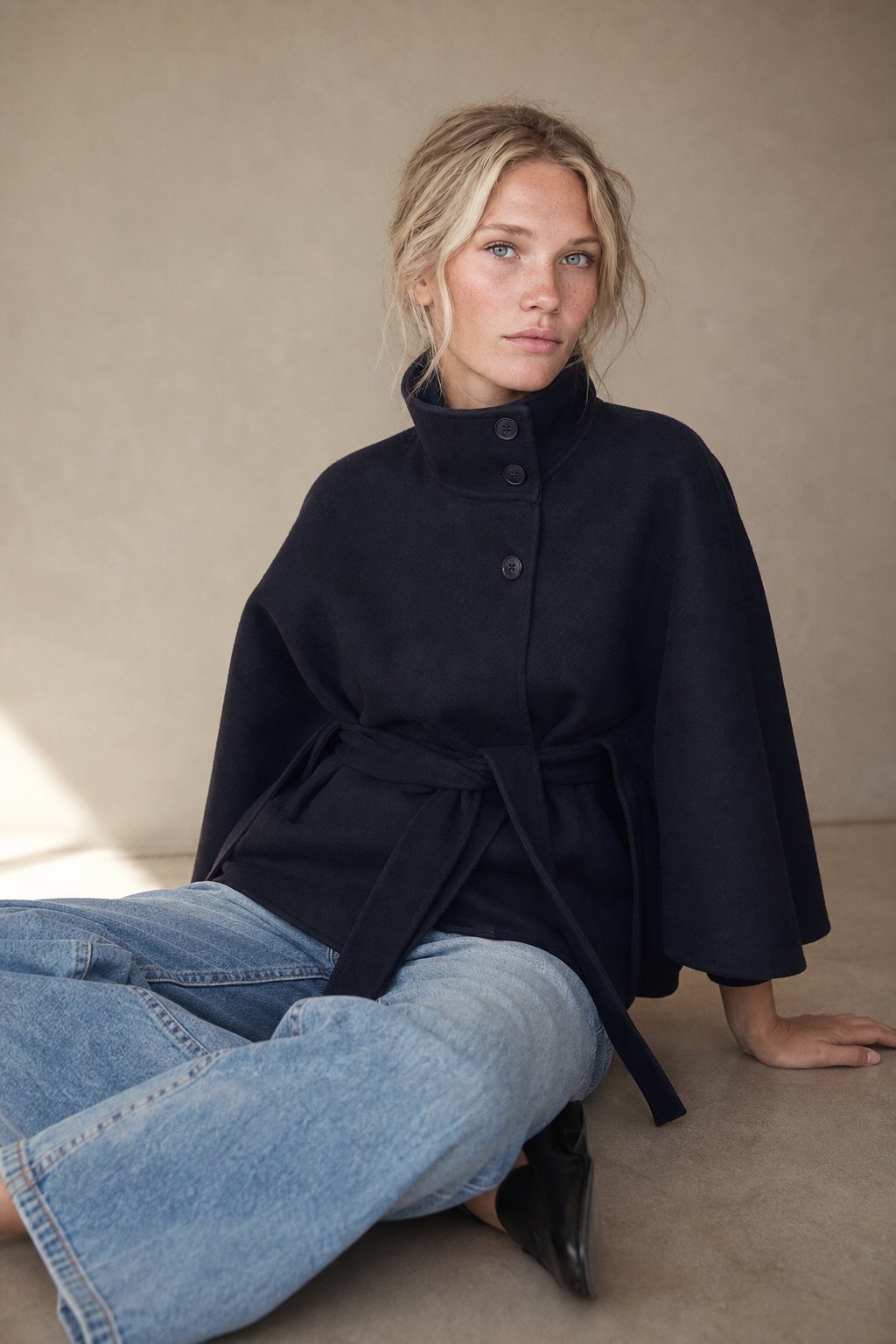 Women's Wool Blend Cape Coat with High Collar and Tie Belt