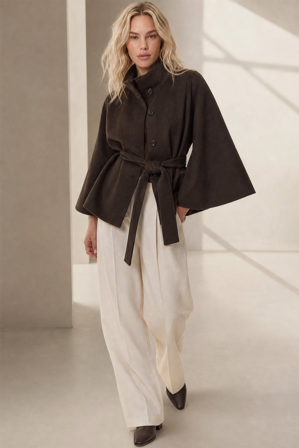 Women's Wool Blend Cape Coat with High Collar and Tie Belt