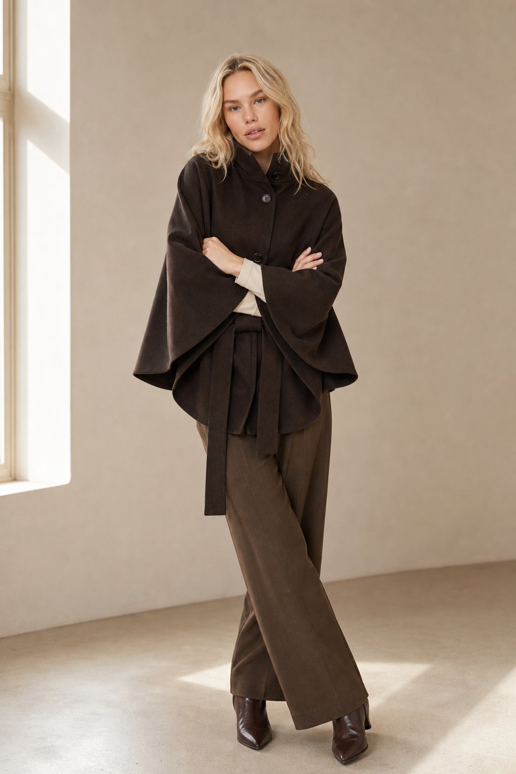 Women's Wool Blend Cape Coat with High Collar and Tie Belt
