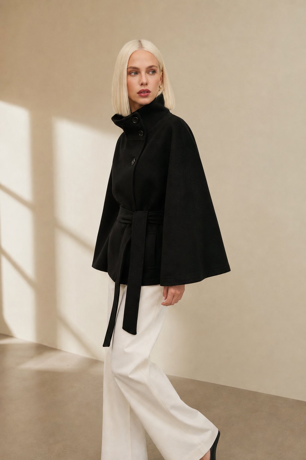 Women's Wool Blend Cape Coat with High Collar and Tie Belt