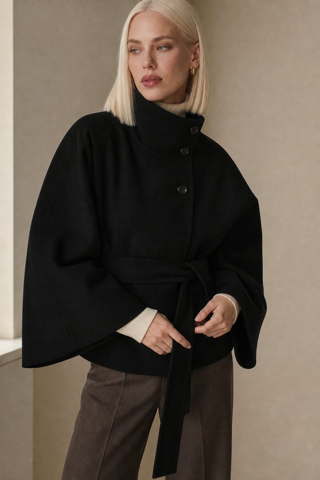 Women's Wool Blend Cape Coat with High Collar and Tie Belt