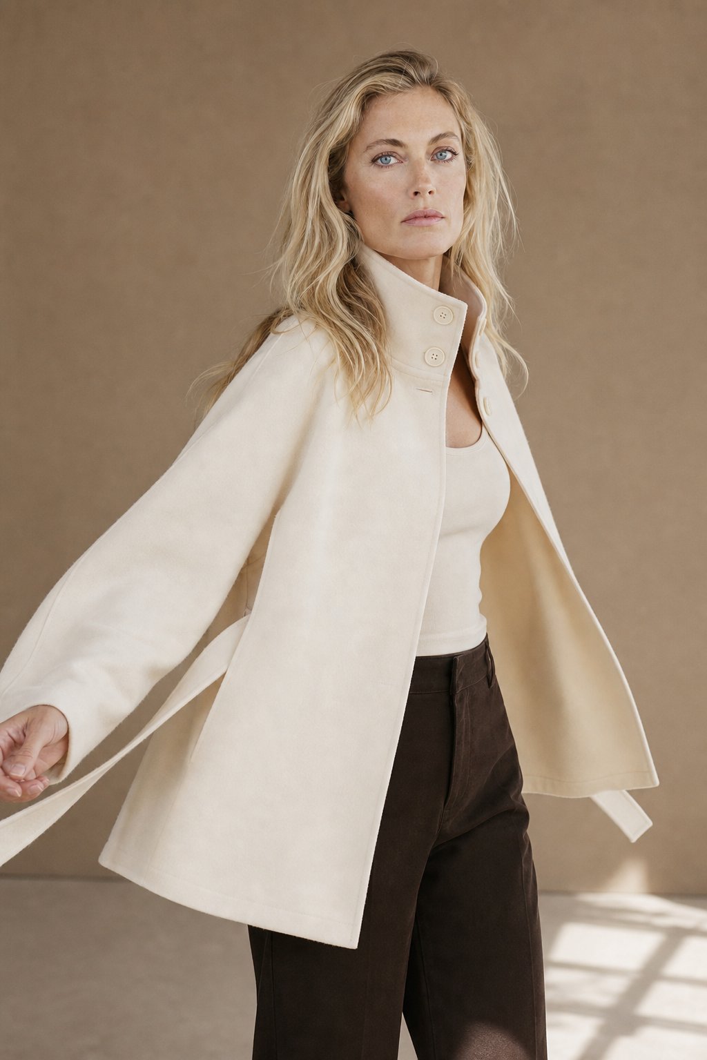 Women's Wool Blend Cape Coat with High Collar and Tie Belt