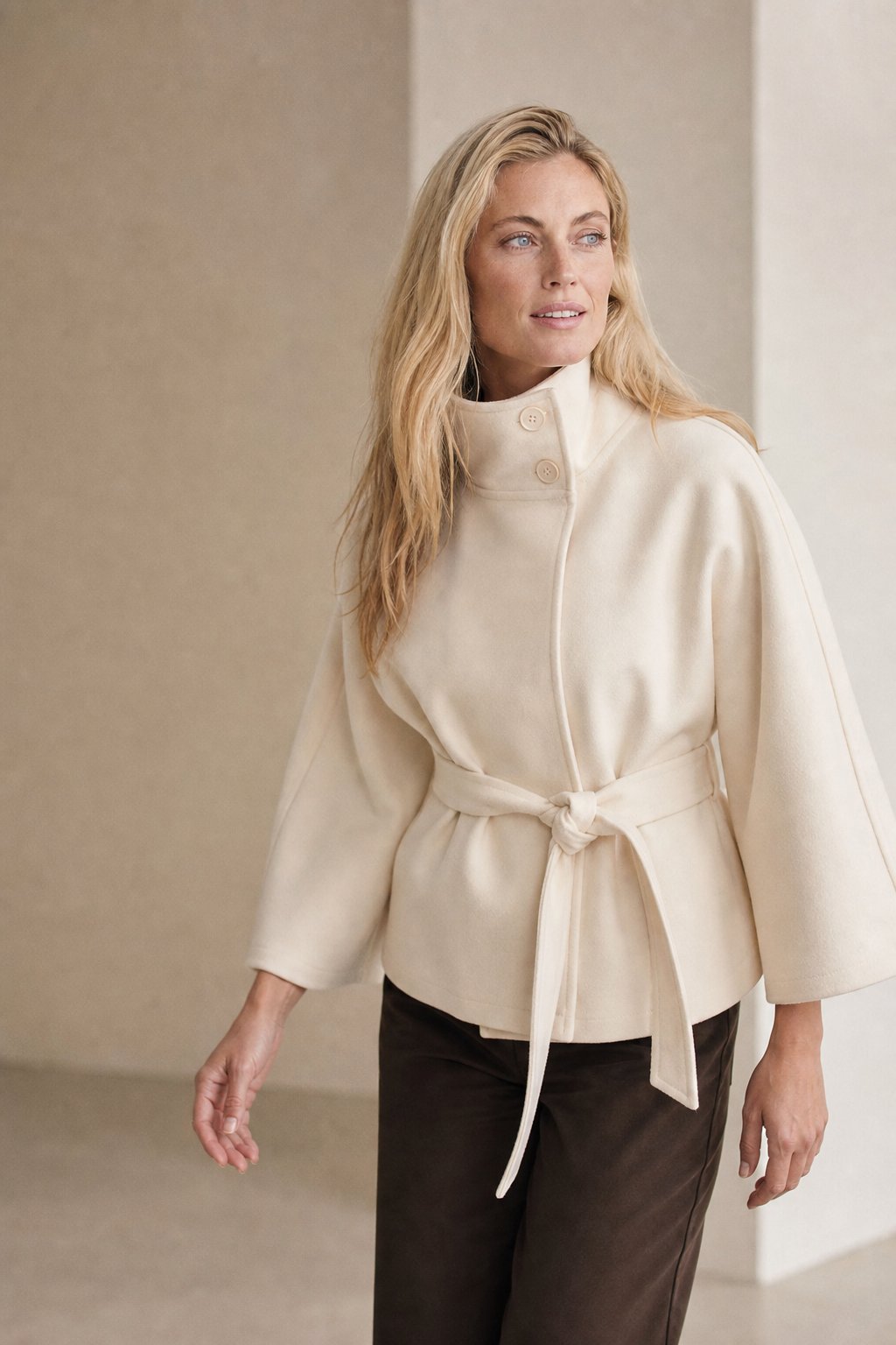 Women's Wool Blend Cape Coat with High Collar and Tie Belt
