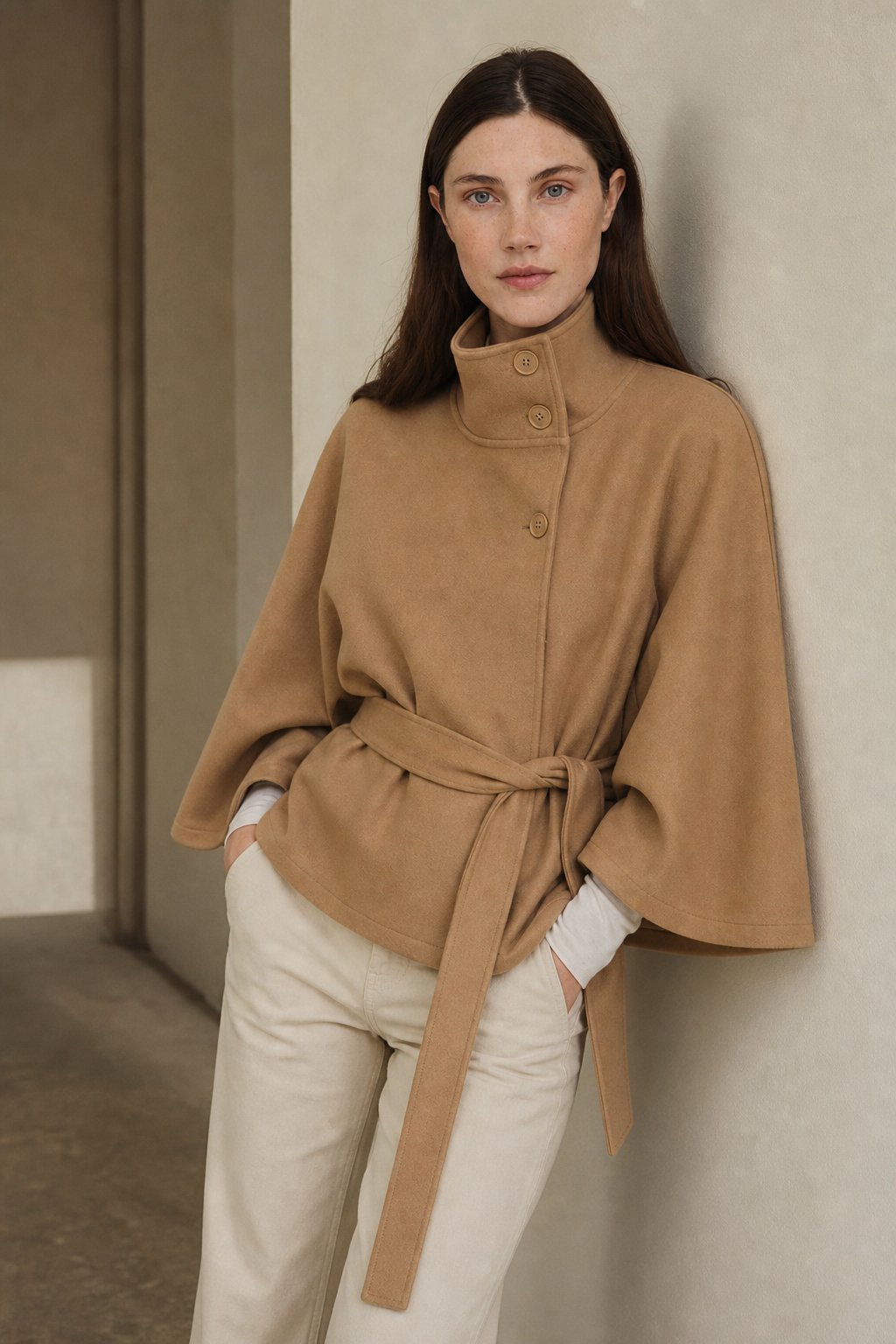 Women's Wool Blend Cape Coat with High Collar and Tie Belt