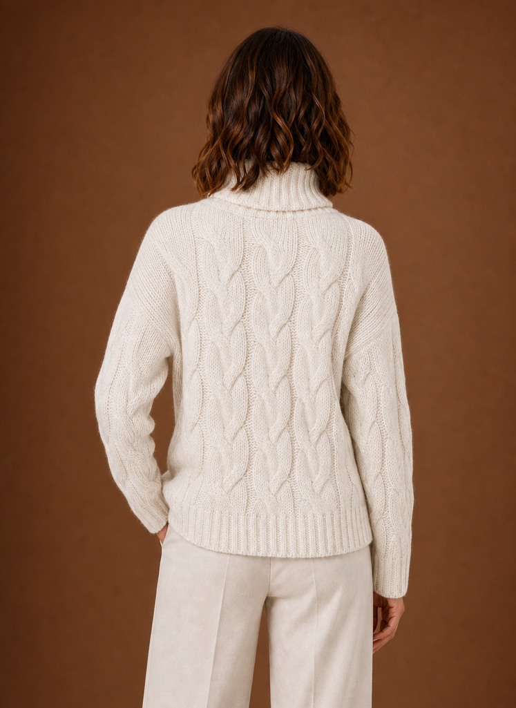 Women's Cable Knit Turtleneck Pullover Sweater with Ribbed Cuffs and Hem