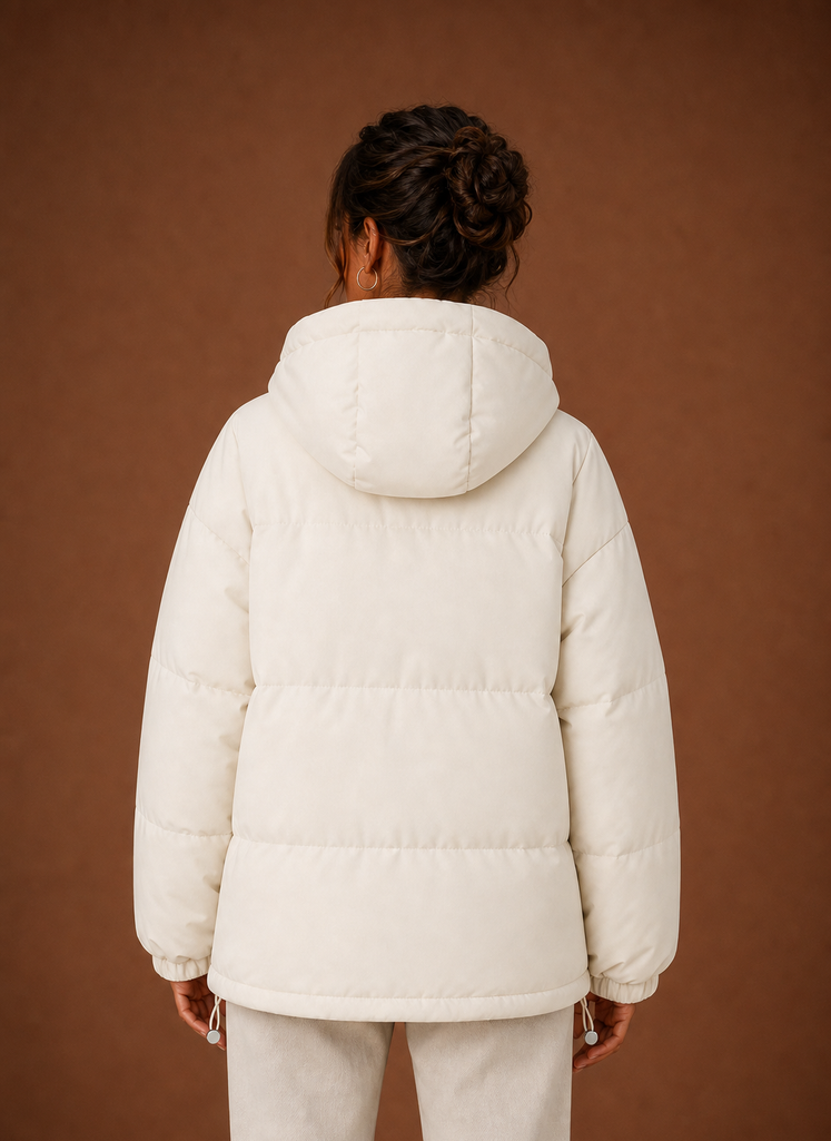 Women's Hooded Puffer Jacket with Snap Button Front and Pockets