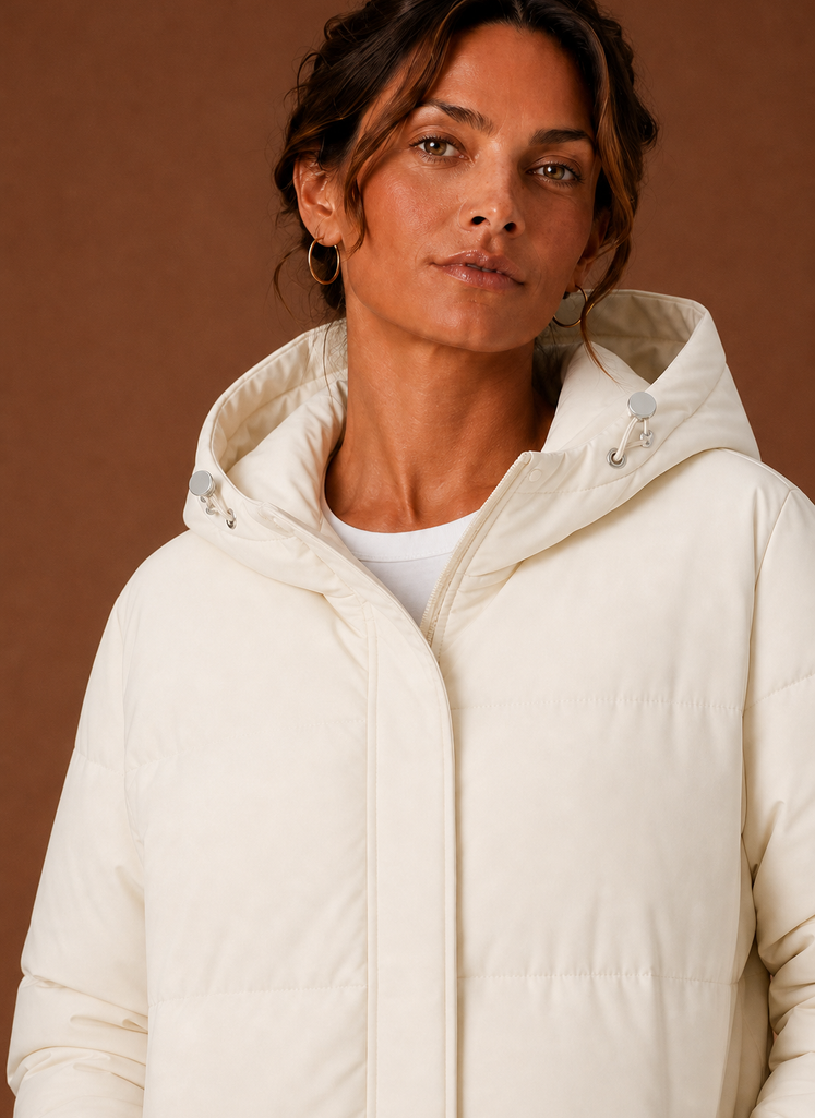 Women's Hooded Puffer Jacket with Snap Button Front and Pockets