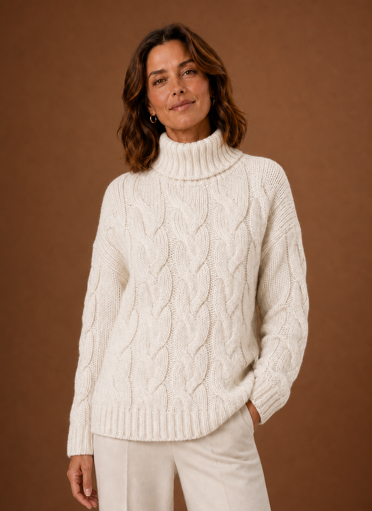 Women's Cable Knit Turtleneck Pullover Sweater with Ribbed Cuffs and Hem