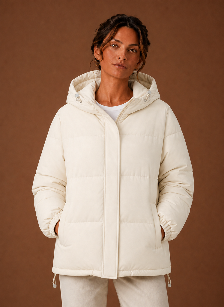 Women's Hooded Puffer Jacket with Snap Button Front and Pockets