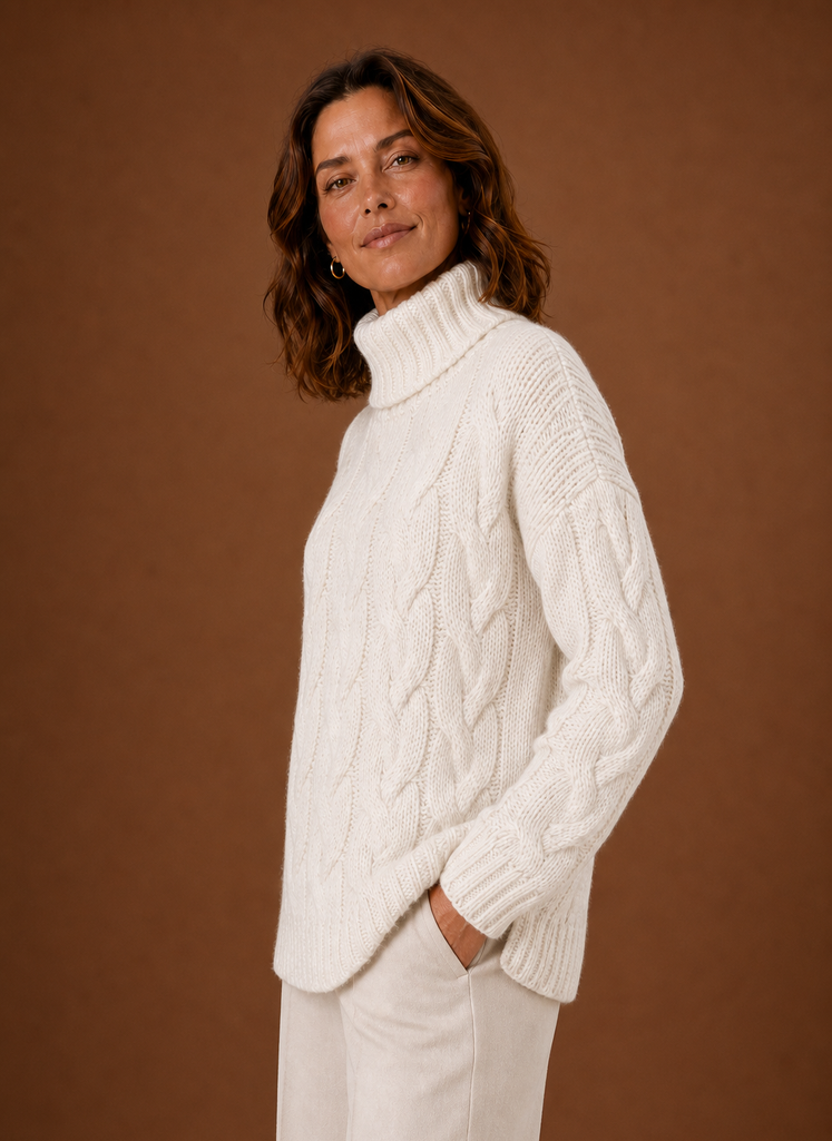 Women's Cable Knit Turtleneck Pullover Sweater with Ribbed Cuffs and Hem