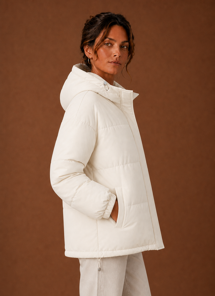 Women's Hooded Puffer Jacket with Snap Button Front and Pockets