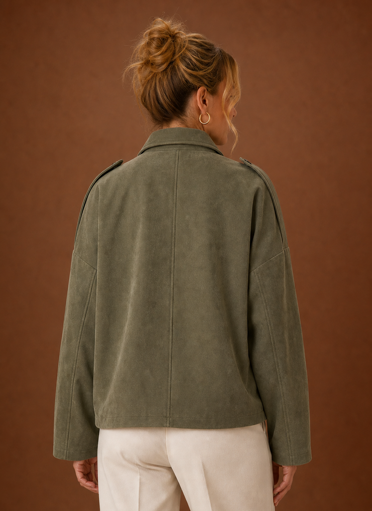 Women's Oversized Suede Jacket with Classic Collar and Zip Front