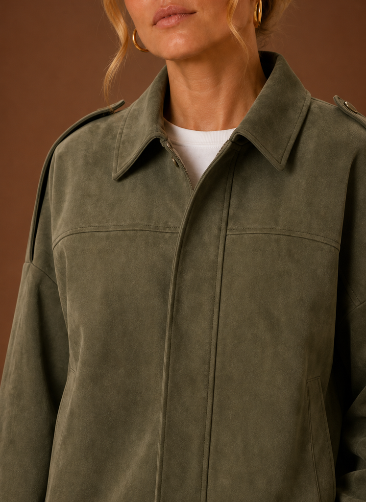 Women's Oversized Suede Jacket with Classic Collar and Zip Front