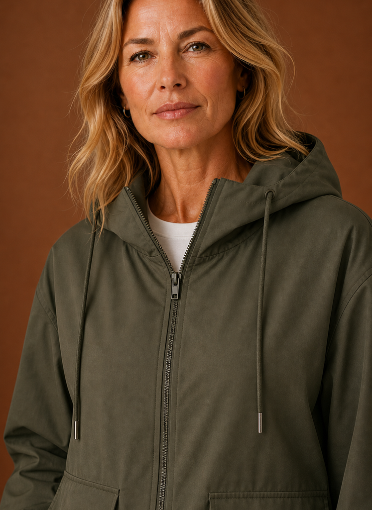 Women's Lightweight Hooded Windbreaker Jacket with Zip Front and Pockets