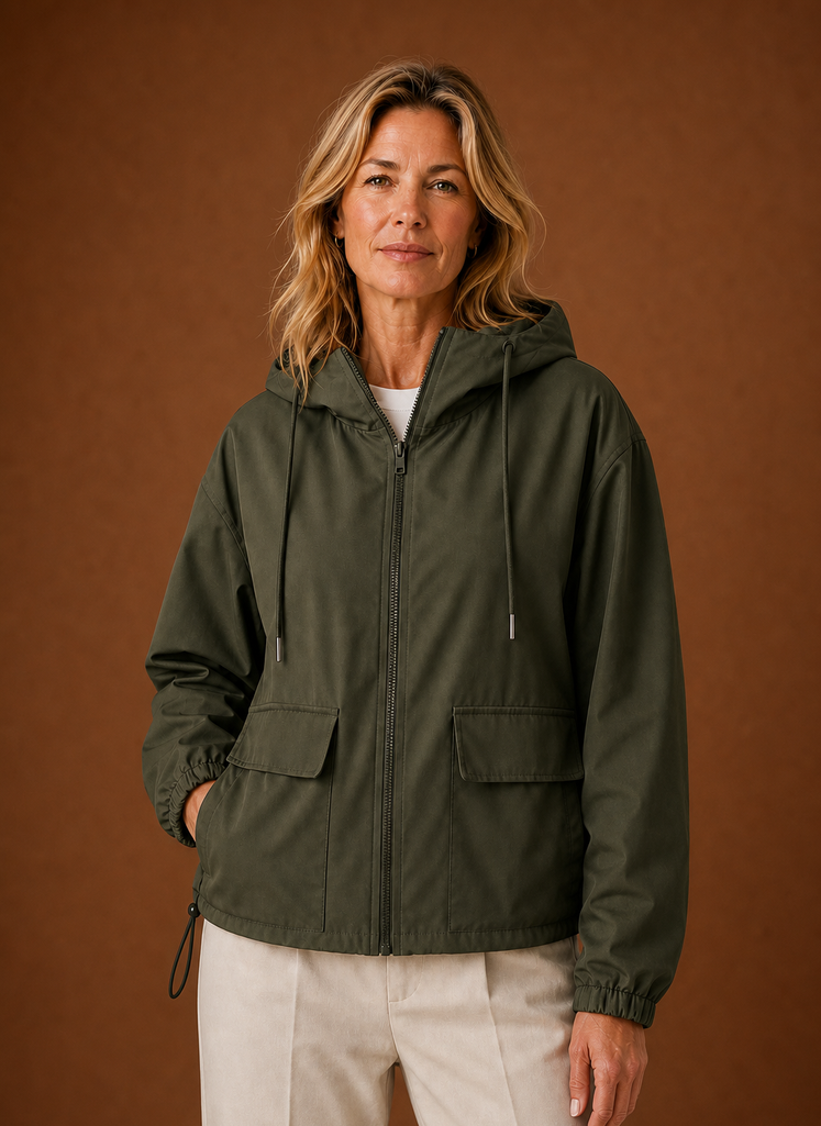 Women's Lightweight Hooded Windbreaker Jacket with Zip Front and Pockets