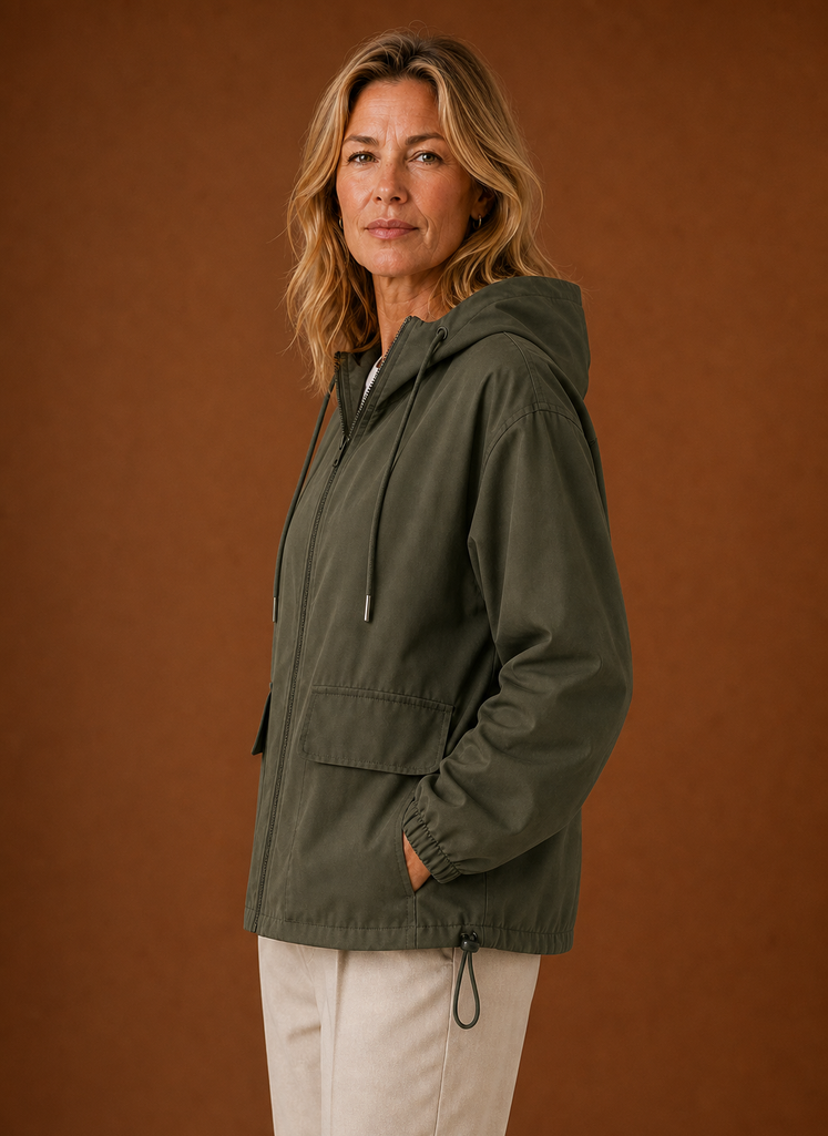 Women's Lightweight Hooded Windbreaker Jacket with Zip Front and Pockets