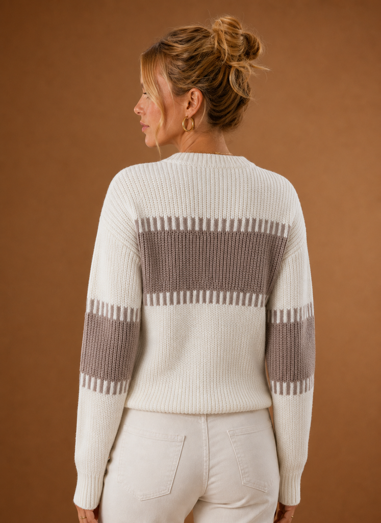 Women's Crew Neck Pullover Sweater with Striped Pattern and Ribbed Hem