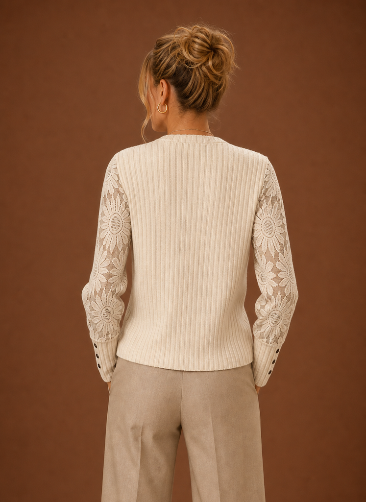 Women's Ribbed Knit Pullover Sweater with Lace Sleeves and Button Cuffs