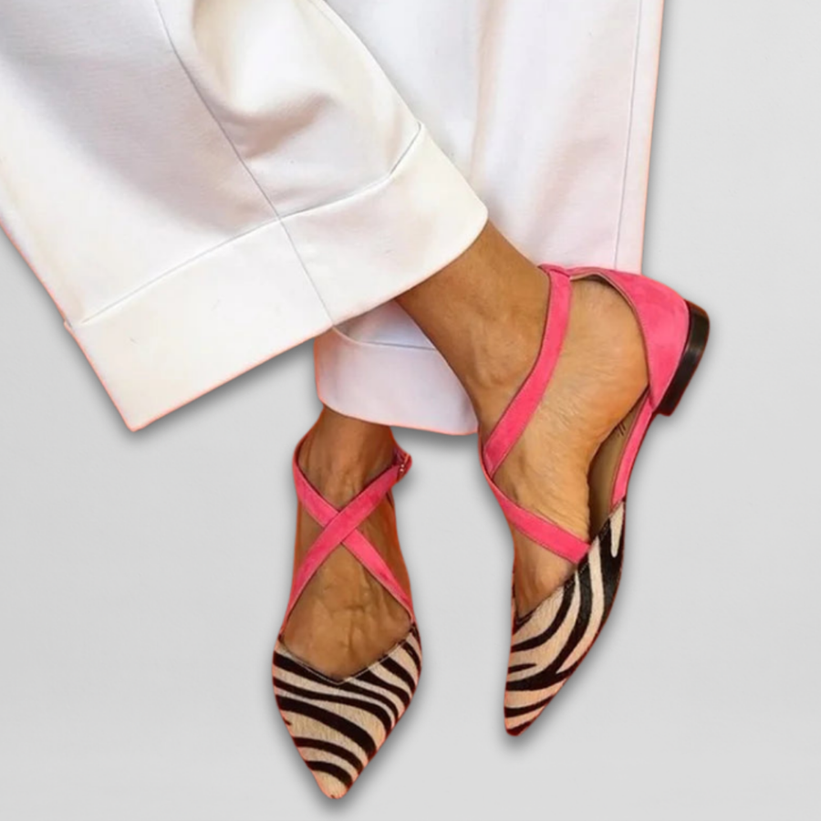 Women's Pointed Toe Flats with Zebra Print and Cross Straps