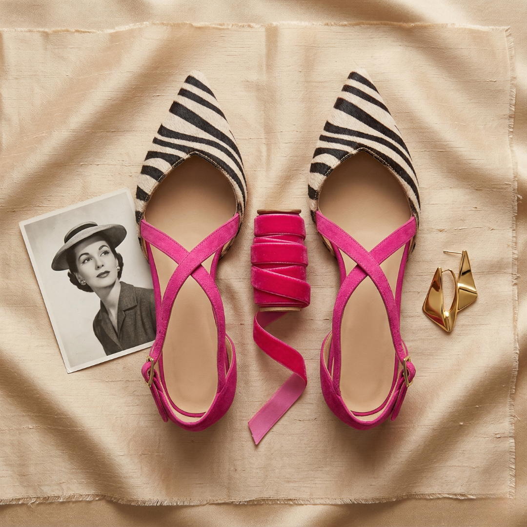 Women's Pointed Toe Flats with Zebra Print and Cross Straps