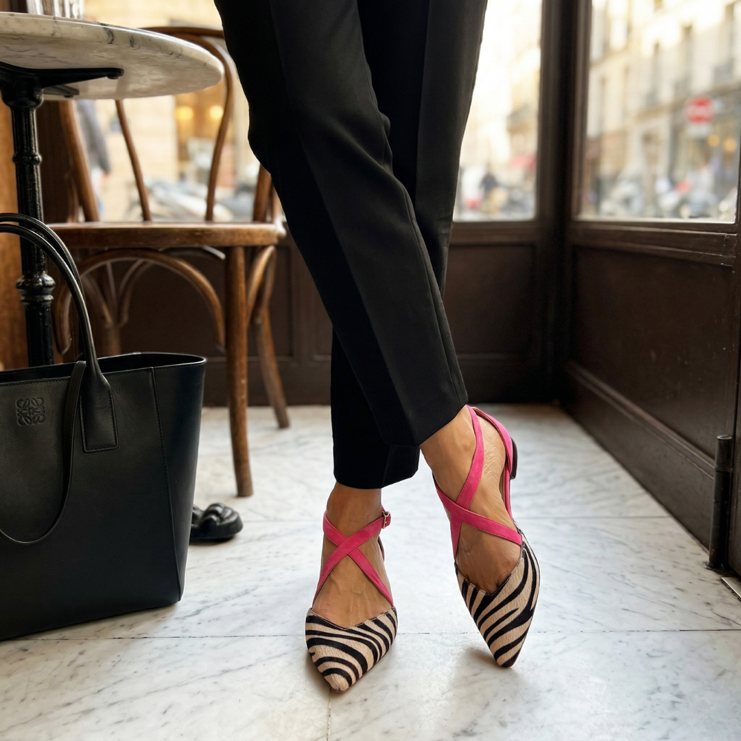 Women's Pointed Toe Flats with Zebra Print and Cross Straps
