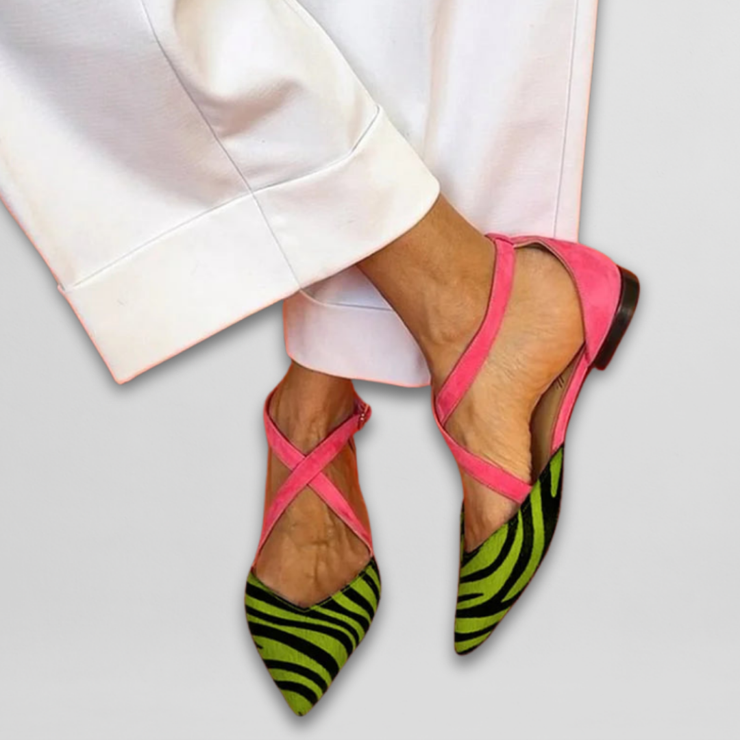 Women's Pointed Toe Flats with Zebra Print and Cross Straps