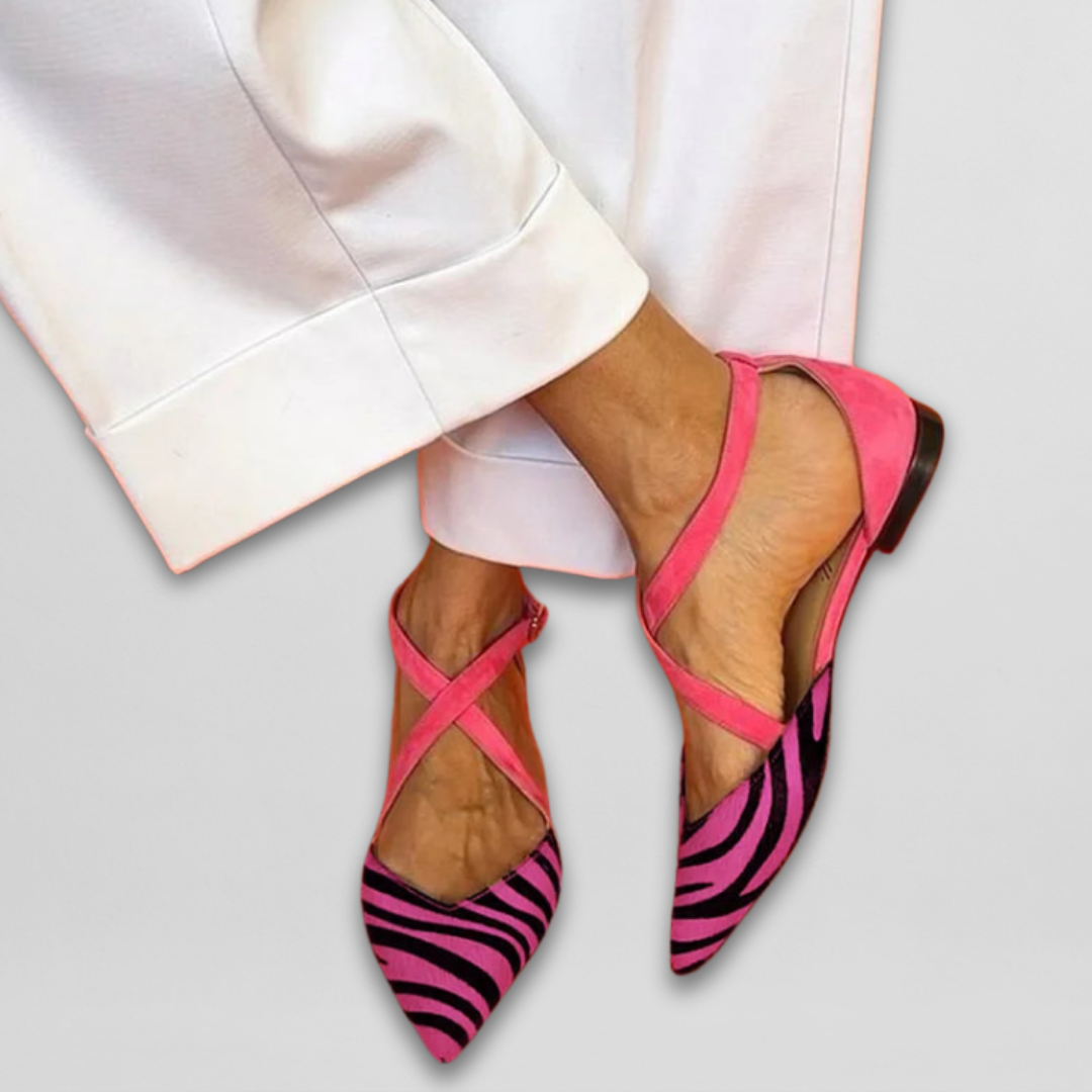 Women's Pointed Toe Flats with Zebra Print and Cross Straps
