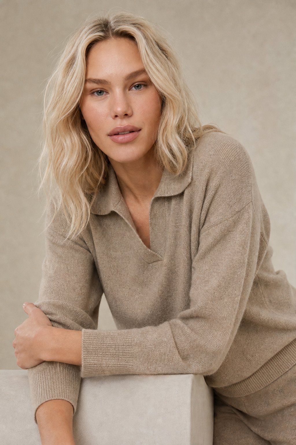 Women's Polo Collar Knit Sweater and Pants Set with V Neck
