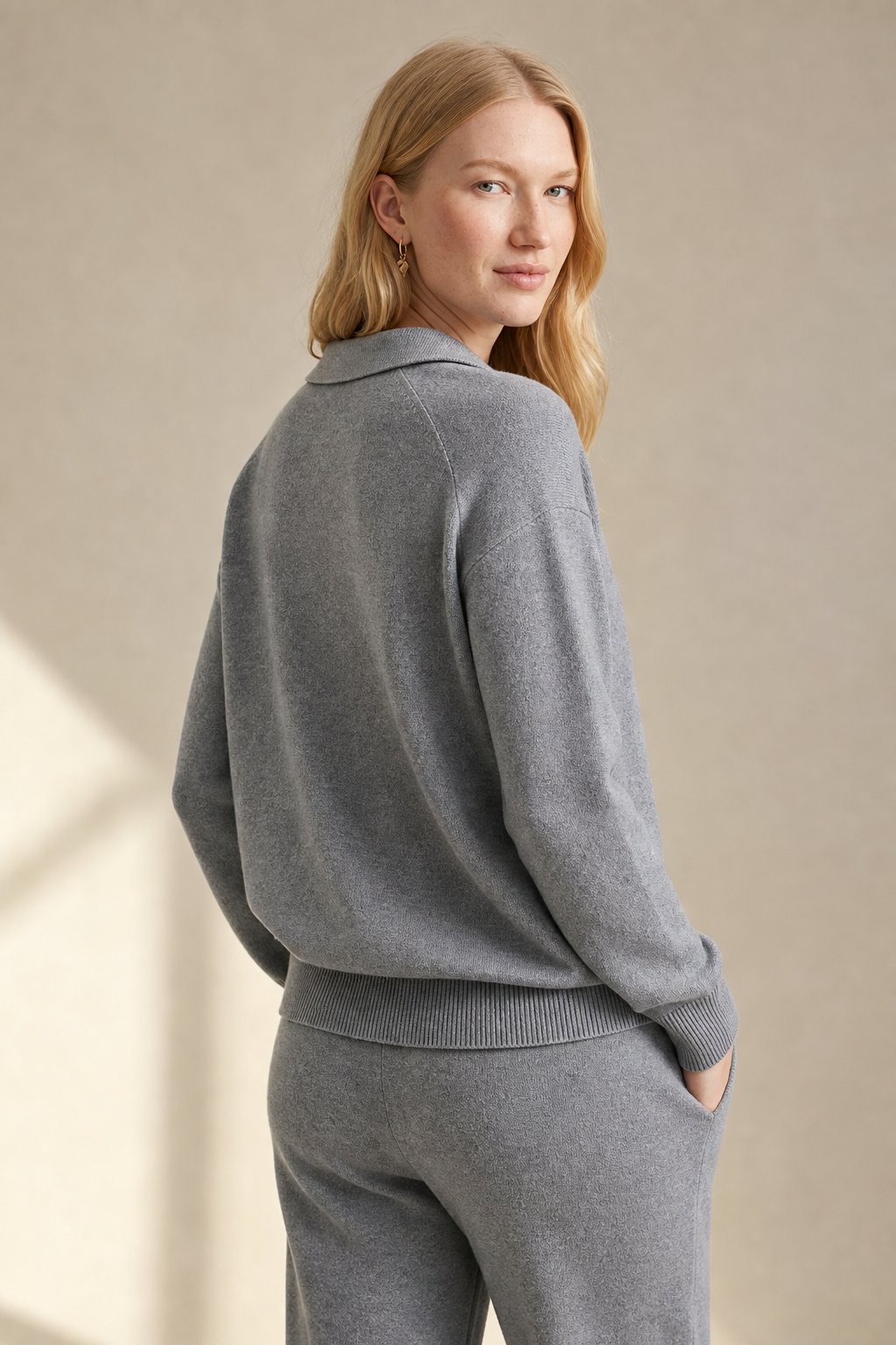 Women's Polo Collar Knit Sweater and Pants Set with V Neck