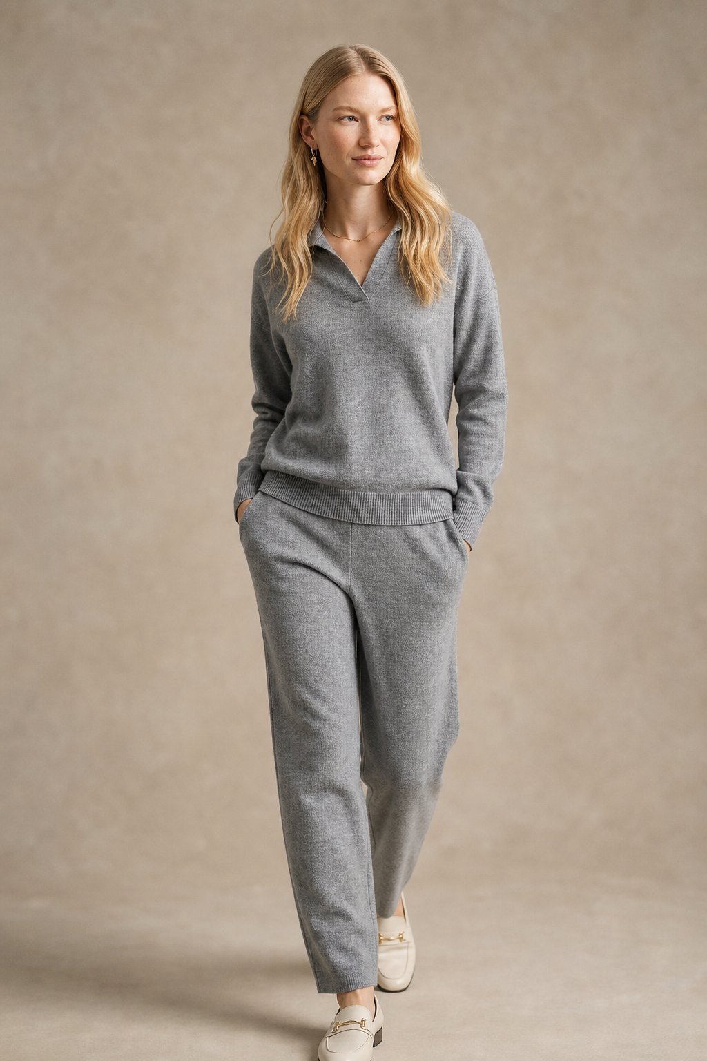 Women's Polo Collar Knit Sweater and Pants Set with V Neck