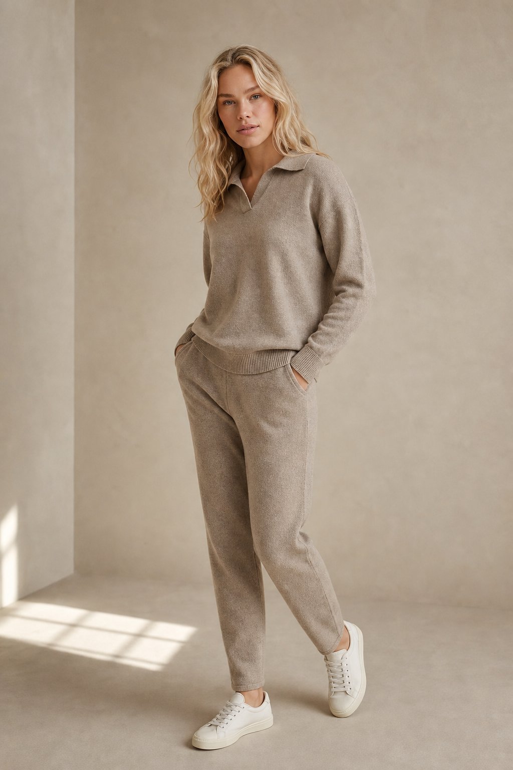 Women's Polo Collar Knit Sweater and Pants Set with V Neck